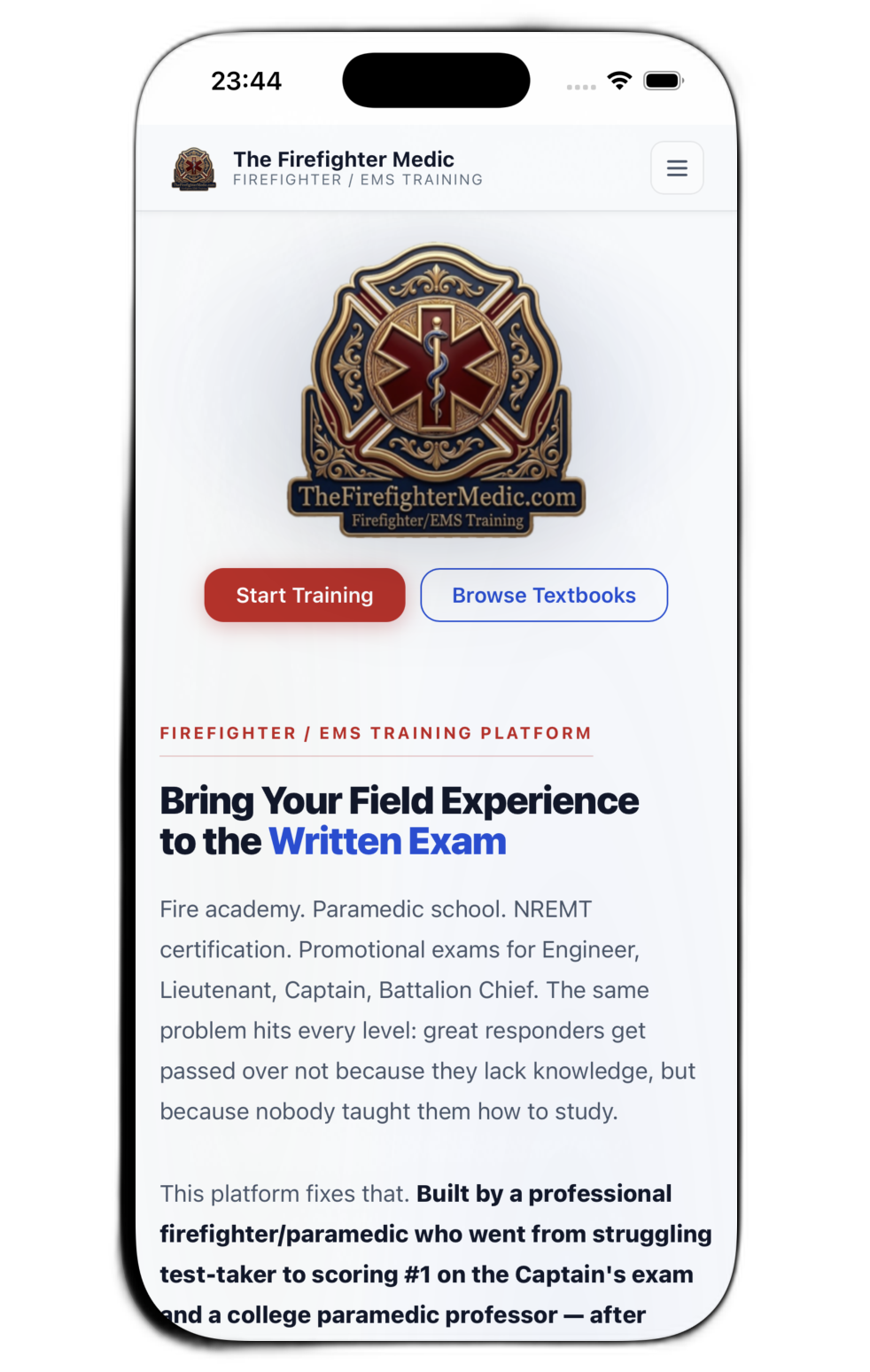 The Firefighter Medic app home screen on iPhone